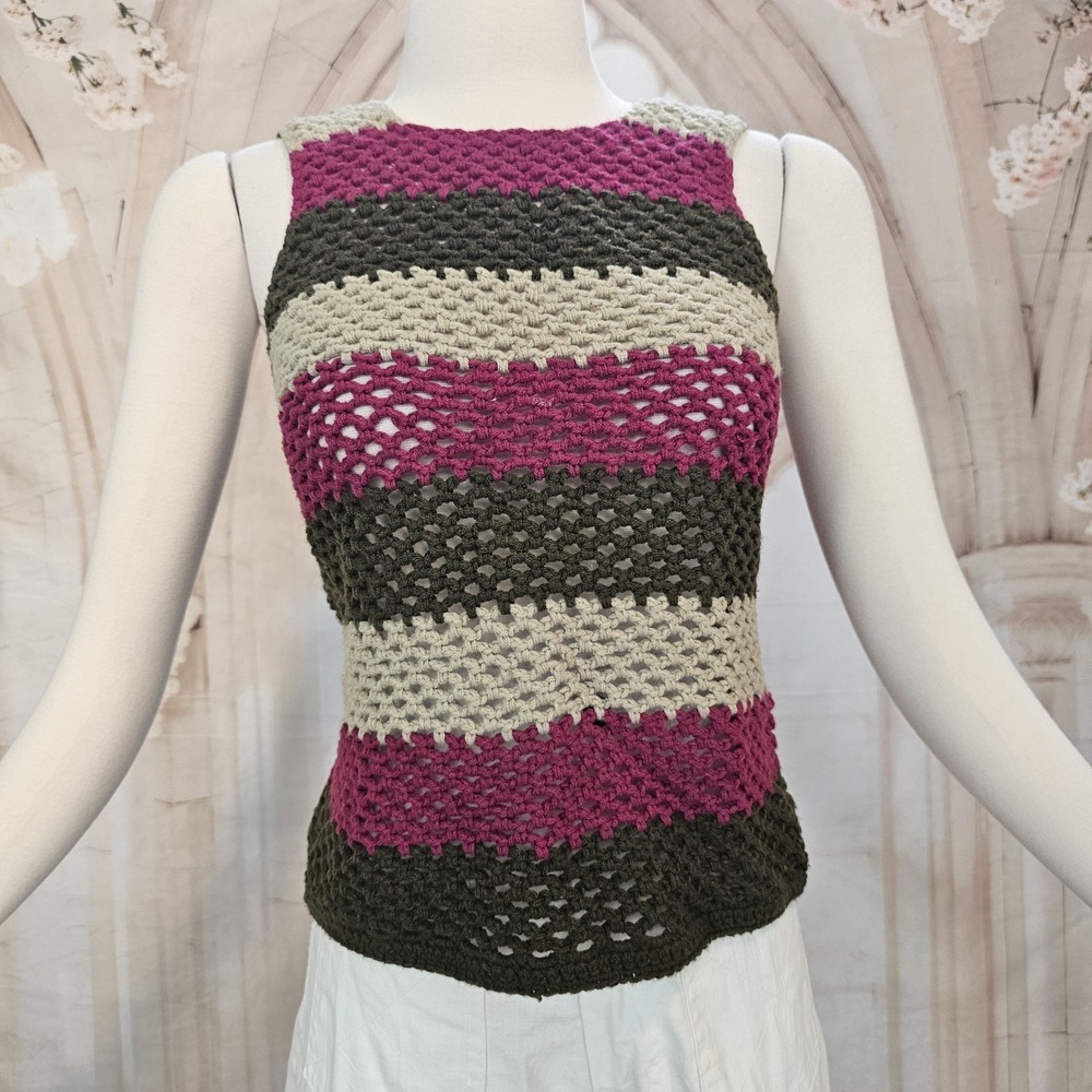 Vintage 1970s Crochet Sweater Vest Pink Brown Tan Striped Tank Top 60's Hippie